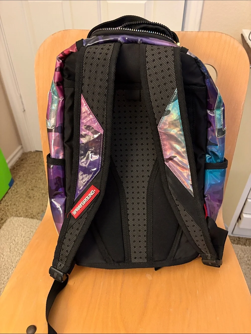 Sprayground Holographic Teal Purple Pink Camo Shark Backpack.